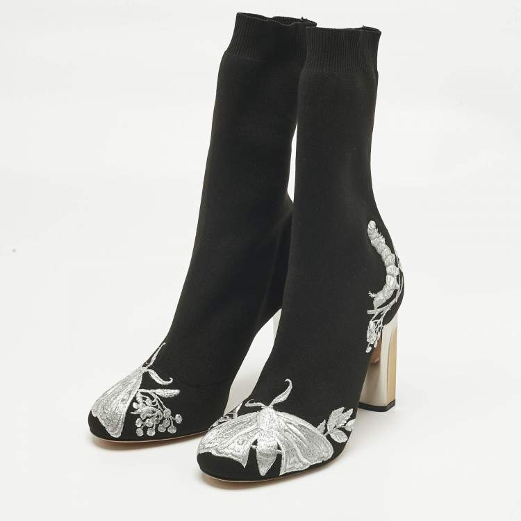 Pre Owned Alexander McQueen Black/Silver Embroidered Knit Fabric Ankle Boots Size 37