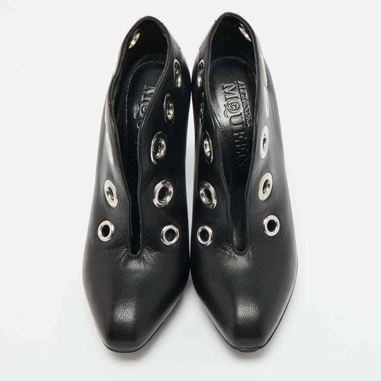 Pre Owned Alexander McQueen Black Leather Shiny Nappa Booties Size 36