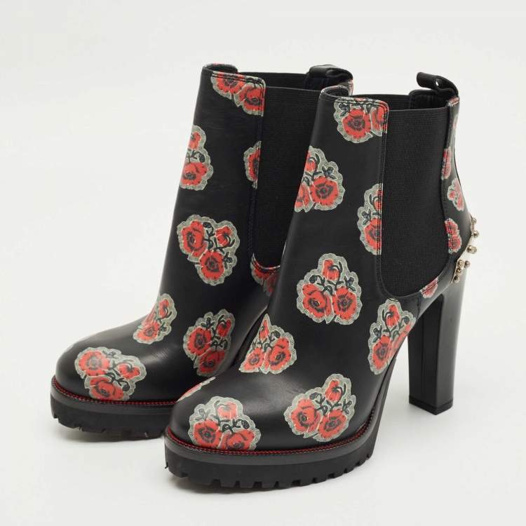 Pre Owned Alexander McQueen Black Rose Print Leather Studded Ankle Length Boots Size 36