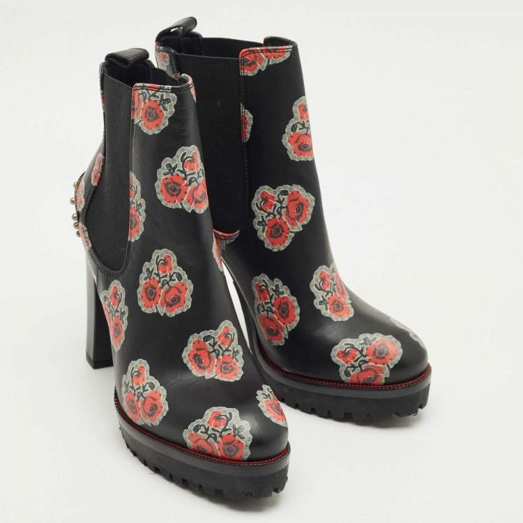 Pre Owned Alexander McQueen Black Rose Print Leather Studded Ankle Length Boots Size 36