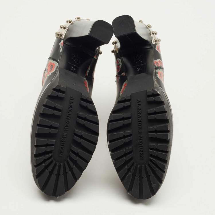 Pre Owned Alexander McQueen Black Rose Print Leather Studded Ankle Length Boots Size 36