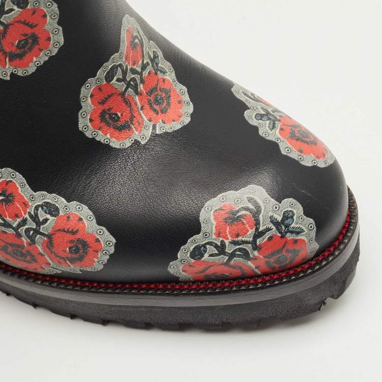 Pre Owned Alexander McQueen Black Rose Print Leather Studded Ankle Length Boots Size 36