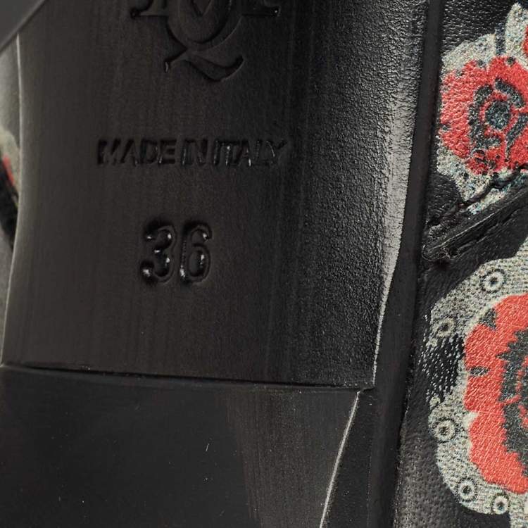 Pre Owned Alexander McQueen Black Rose Print Leather Studded Ankle Length Boots Size 36