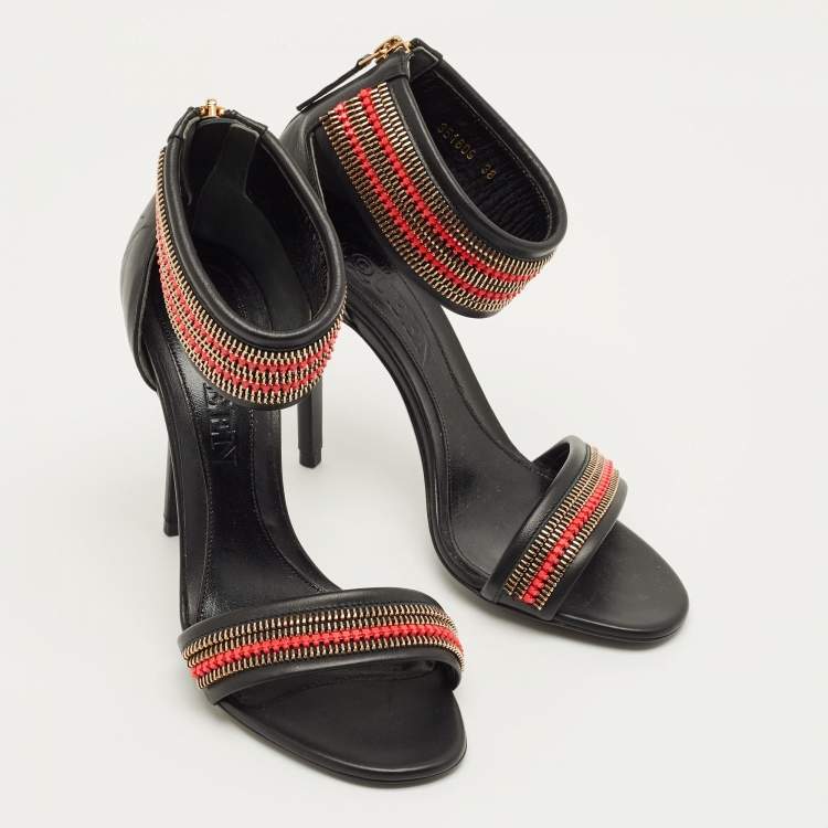 Pre Owned Alexander McQueen Zipper Size 38 Black Leather Ankle Strap Sandals