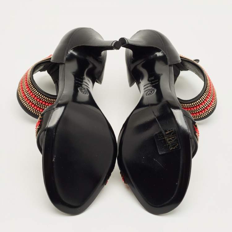 Pre Owned Alexander McQueen Zipper Size 38 Black Leather Ankle Strap Sandals