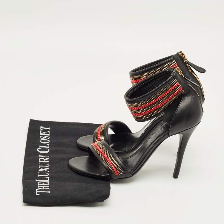 Pre Owned Alexander McQueen Zipper Size 38 Black Leather Ankle Strap Sandals