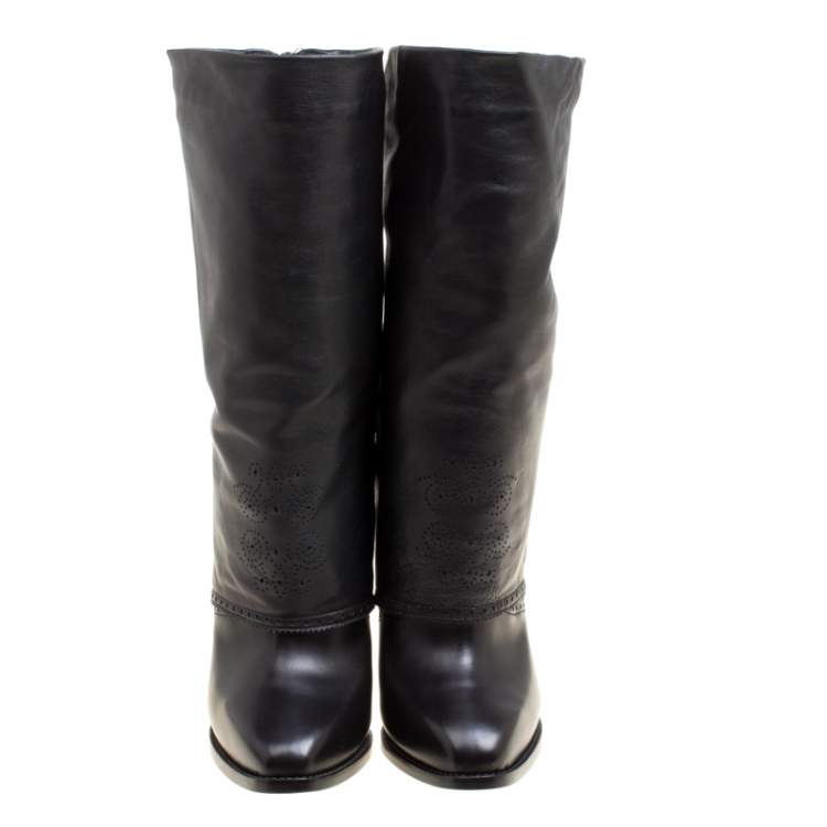 Pre Owned Alexander McQueen Black Perforated Leather Mid Calf Boots Size 38