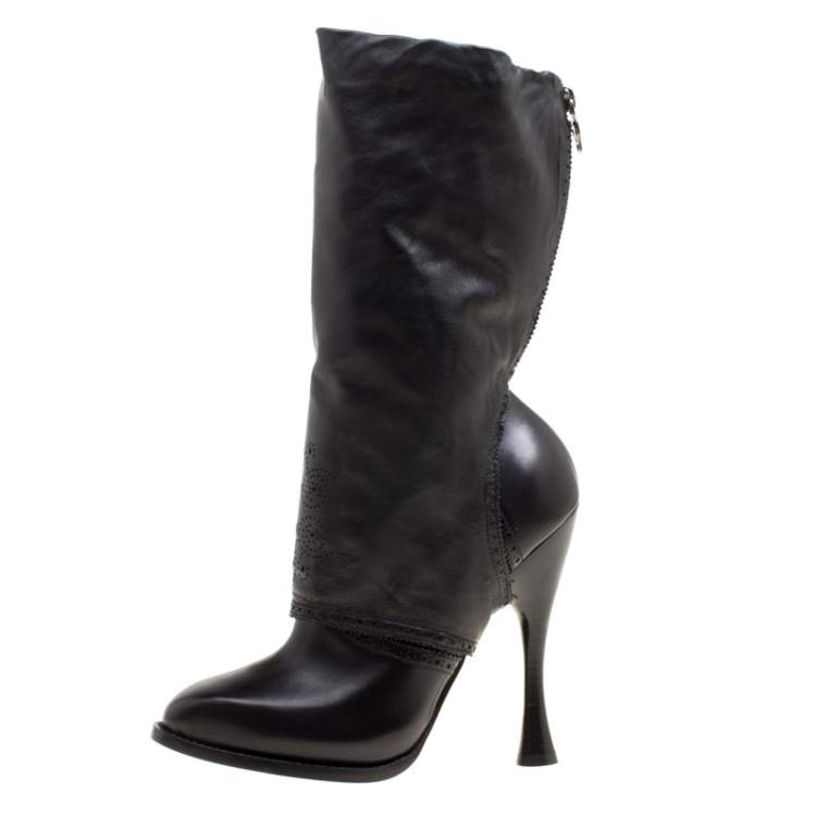 Pre Owned Alexander McQueen Black Perforated Leather Mid Calf Boots Size 38