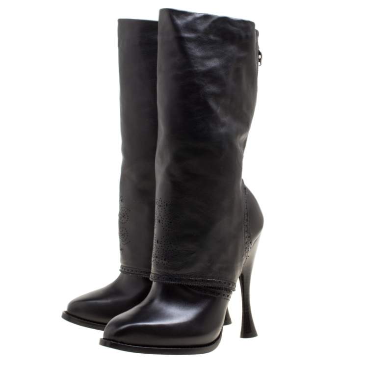Pre Owned Alexander McQueen Black Perforated Leather Mid Calf Boots Size 38