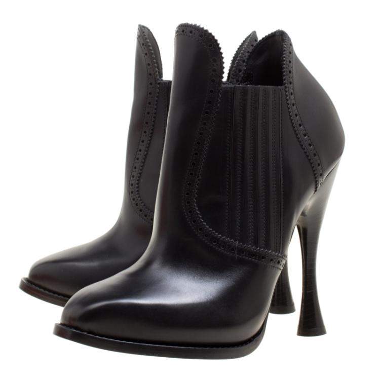 Pre Owned Alexander McQueen Black Perforated Leather Mid Calf Boots Size 38
