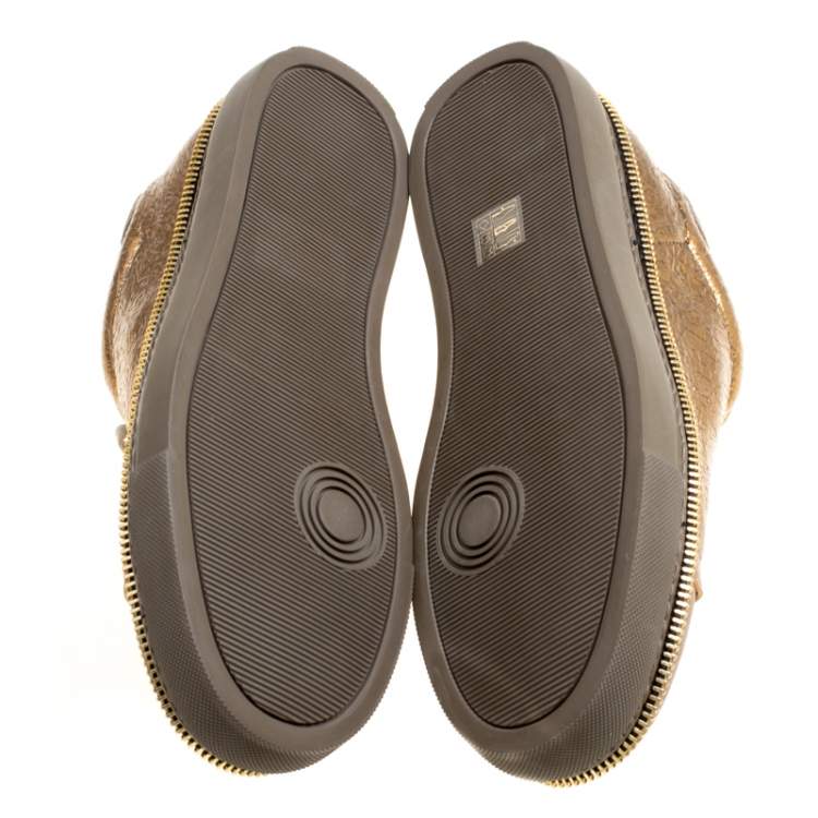Pre Owned Alexander McQueen Dull Gold Crackled Gold Leather And Suede Zip Detail Sneakers Size 40