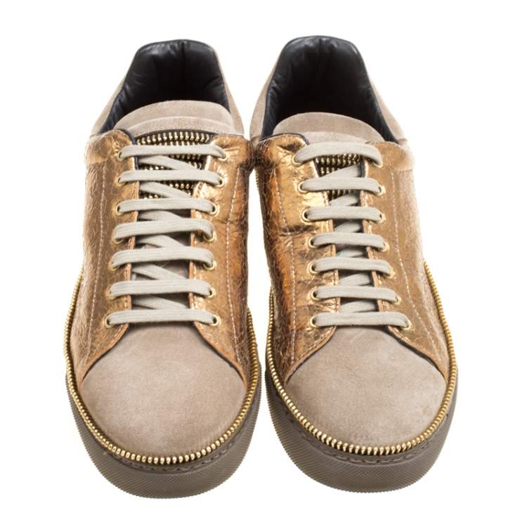 Pre Owned Alexander McQueen Dull Gold Crackled Gold Leather And Suede Zip Detail Sneakers Size 40