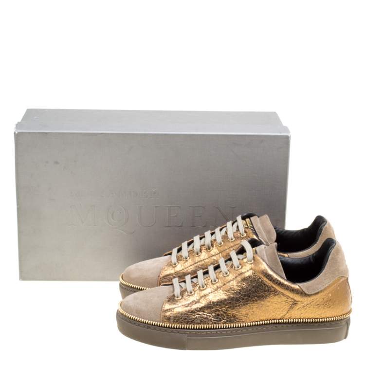 Pre Owned Alexander McQueen Dull Gold Crackled Gold Leather And Suede Zip Detail Sneakers Size 40