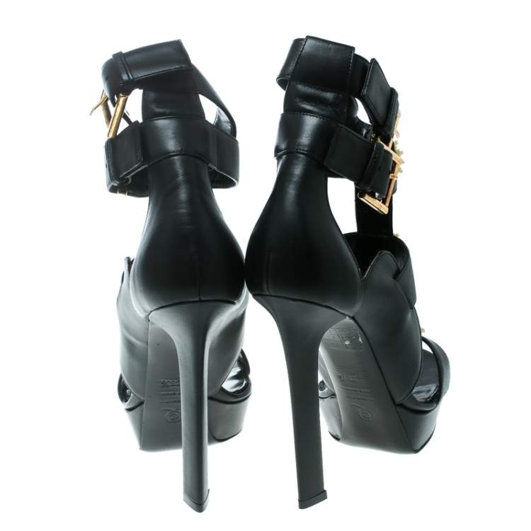 Pre Owned Alexander McQueen Black Leather French Gloss Platform Strappy Sandals Size 38.5