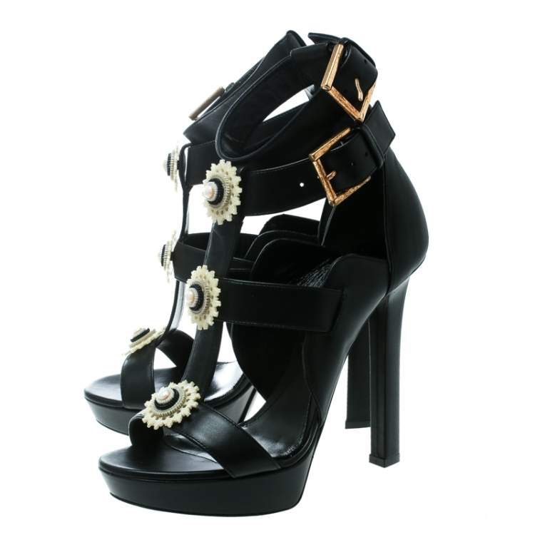 Pre Owned Alexander McQueen Black Leather French Gloss Platform Strappy Sandals Size 38.5
