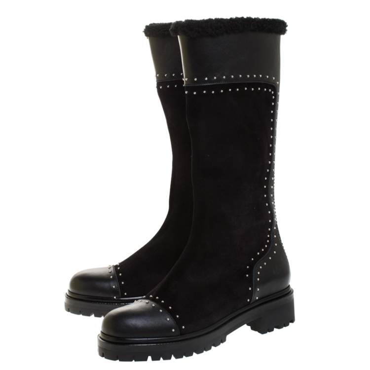 Pre Owned Alexander McQueen Black Suede Leather Studded Mid Calf Boots Size 39