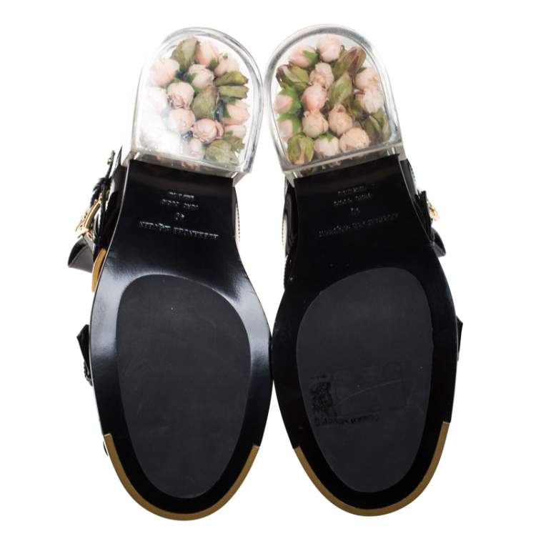 Pre Owned Alexander McQueen Black Patent Leather Buckle Detail Rose Heel Ankle Boots Size 40