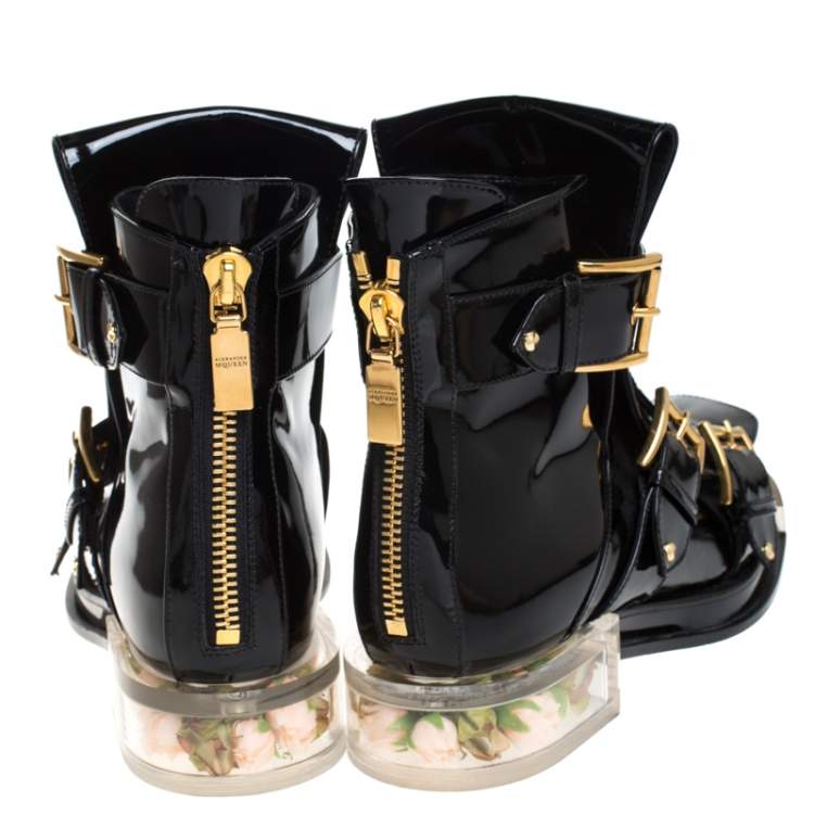 Pre Owned Alexander McQueen Black Patent Leather Buckle Detail Rose Heel Ankle Boots Size 40