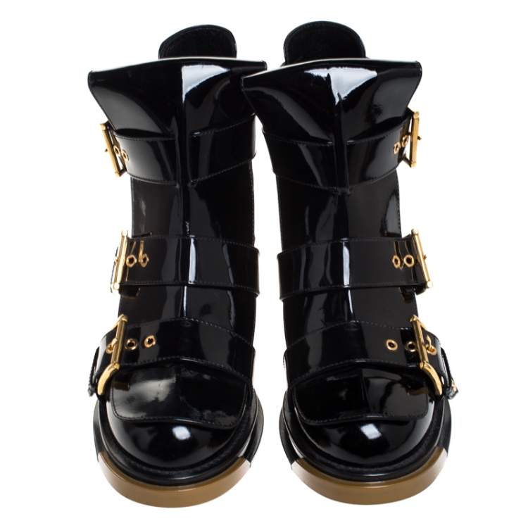 Pre Owned Alexander McQueen Black Patent Leather Buckle Detail Rose Heel Ankle Boots Size 40