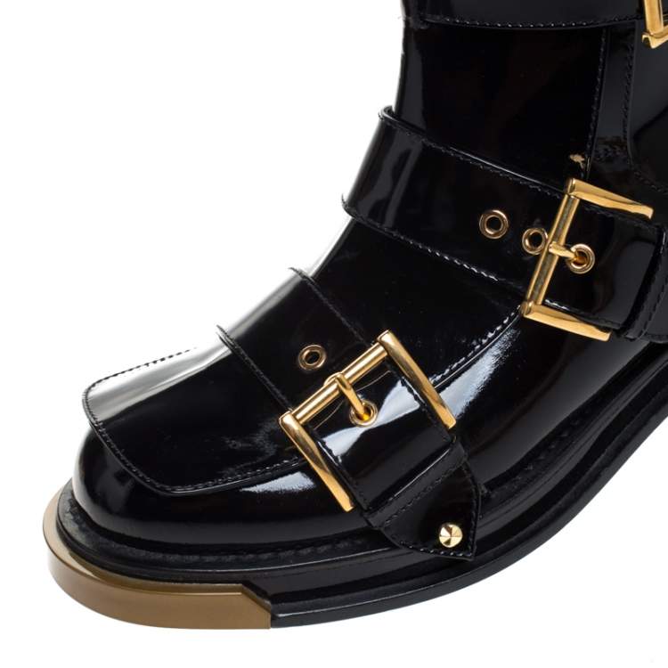 Pre Owned Alexander McQueen Black Patent Leather Buckle Detail Rose Heel Ankle Boots Size 40