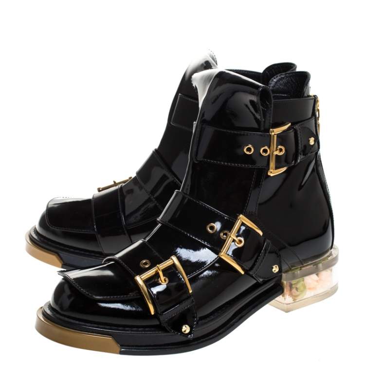 Pre Owned Alexander McQueen Black Patent Leather Buckle Detail Rose Heel Ankle Boots Size 40