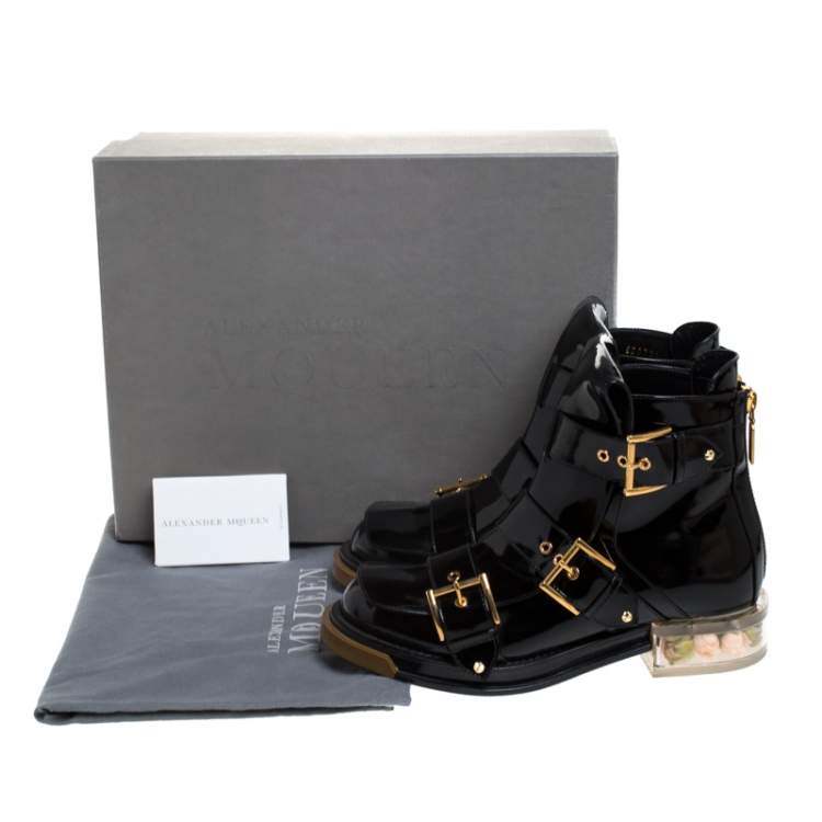 Pre Owned Alexander McQueen Black Patent Leather Buckle Detail Rose Heel Ankle Boots Size 40
