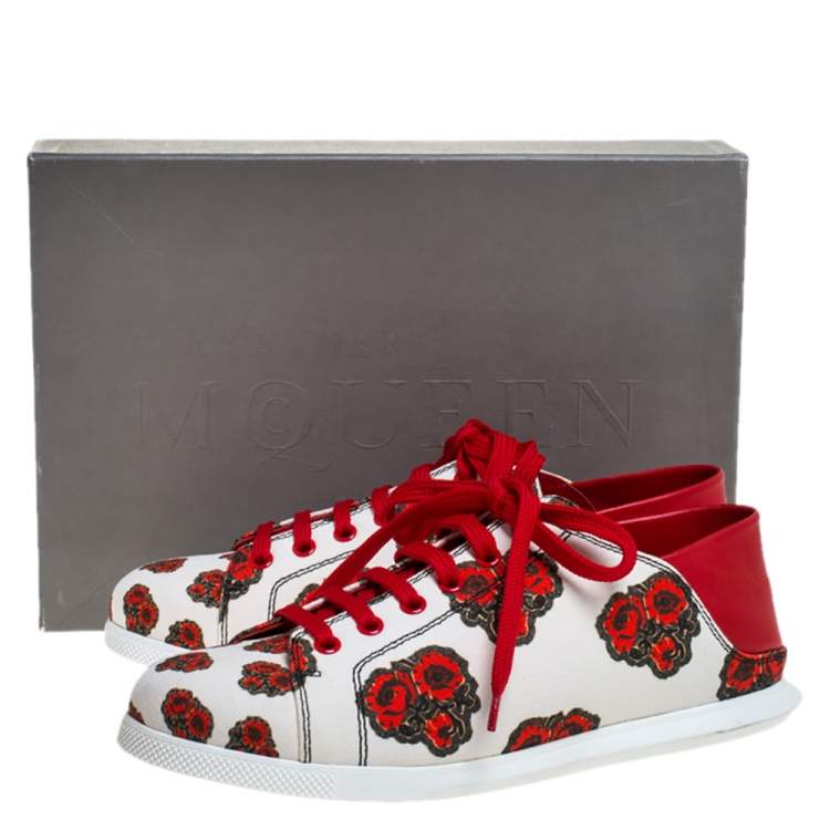 Pre Owned Alexander McQueen White/Red Leather And Floral Canvas Low Top Sneakers Size 38