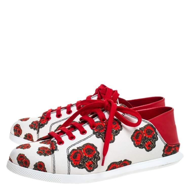 Pre Owned Alexander McQueen White/Red Leather And Floral Canvas Low Top Sneakers Size 38