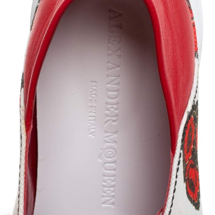 Pre Owned Alexander McQueen White/Red Leather And Floral Canvas Low Top Sneakers Size 38