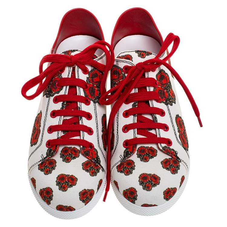 Pre Owned Alexander McQueen White/Red Leather And Floral Canvas Low Top Sneakers Size 38
