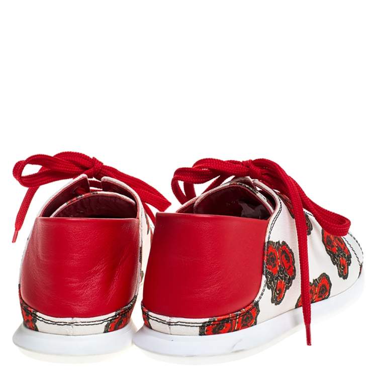 Pre Owned Alexander McQueen White/Red Leather And Floral Canvas Low Top Sneakers Size 38