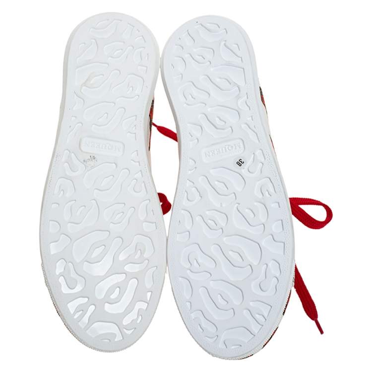 Pre Owned Alexander McQueen White/Red Leather And Floral Canvas Low Top Sneakers Size 38