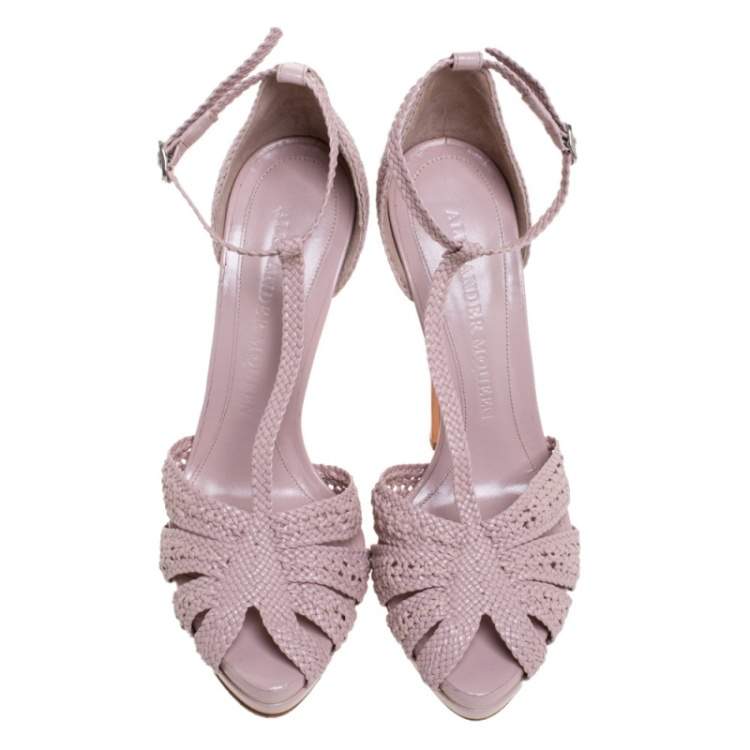 مملوكة مسبقًا Alexander McQueen Lilac Woven Leather T-Bar Ankle Strap Platform Sandals Size 37