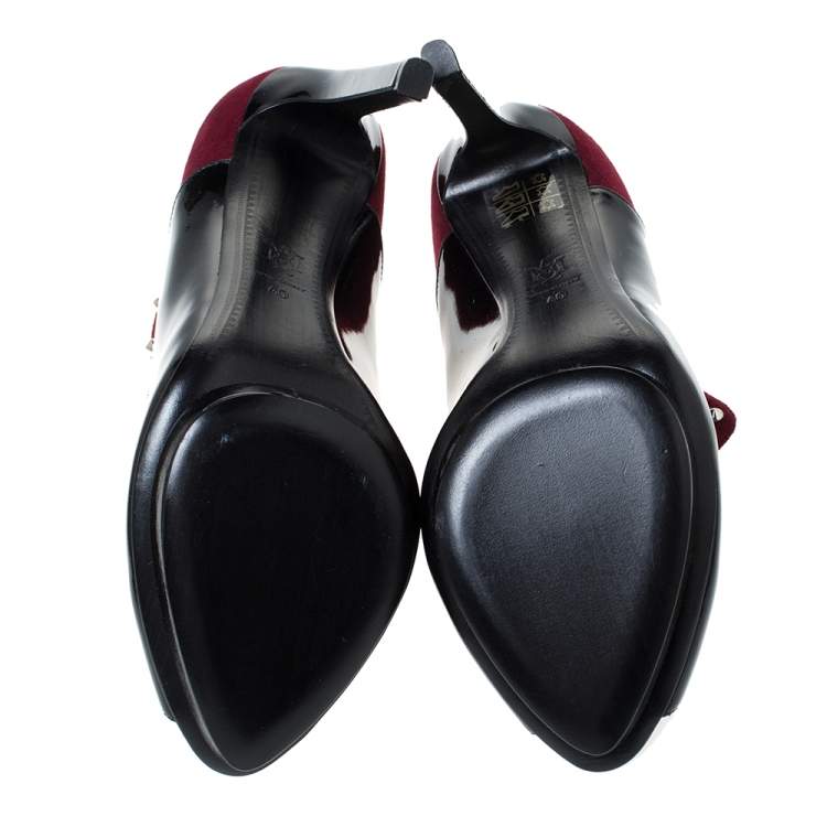 Pre Owned Alexander McQueen Burgundy/Black Suede And Patent Studded Platform Slip On Ankle Boots Size 40