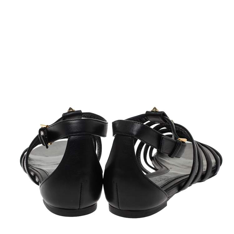 Pre Owned Alexander McQueen Black Leather Spike Detail Flat Gladiator Sandals Size 37.5