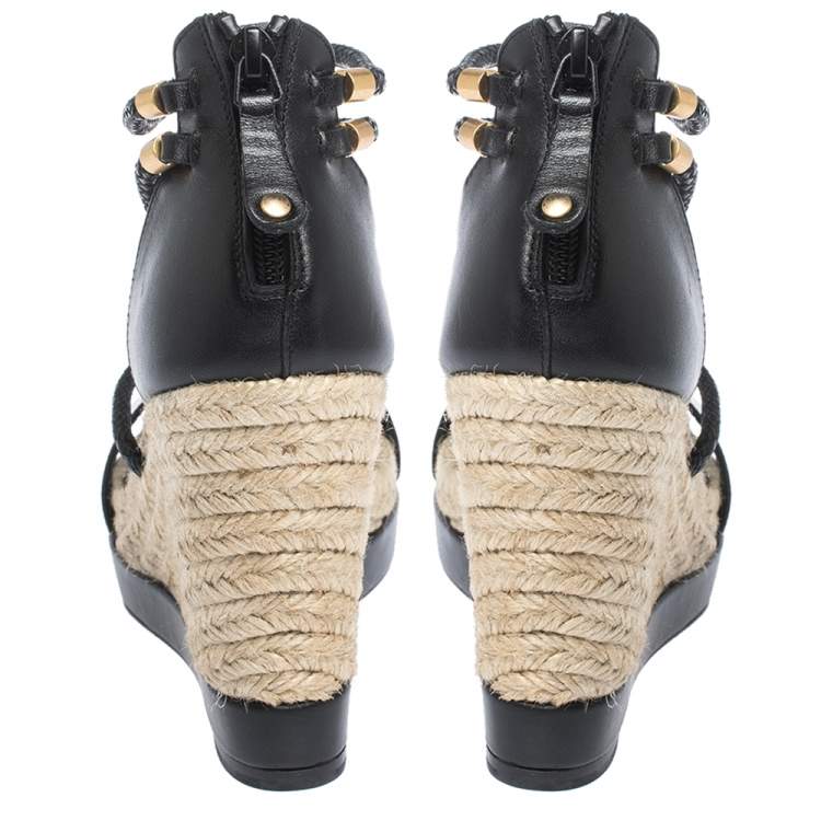 Pre Owned Alexander McQueen Black Braided Leather T Strap Espadrille Wedge Sandals Size 38