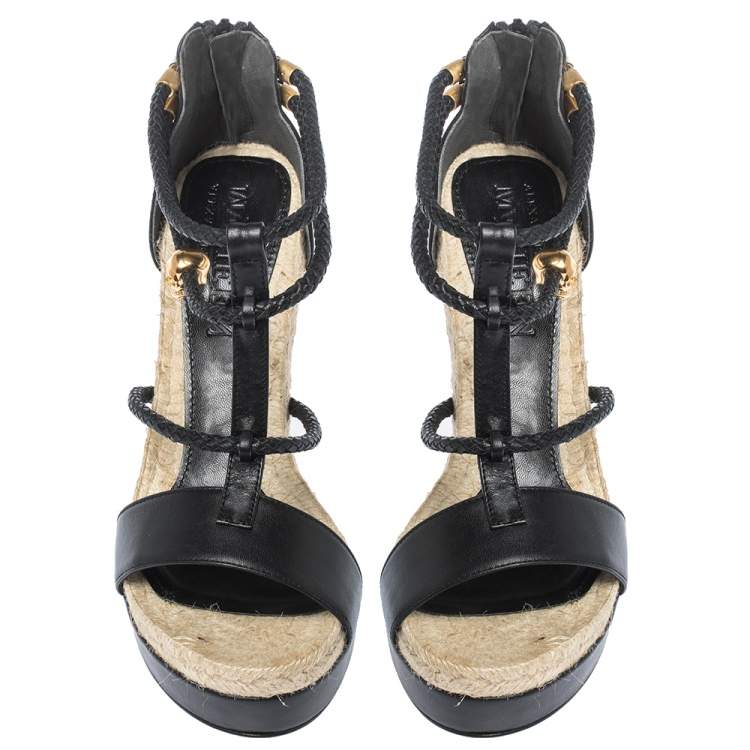 Pre Owned Alexander McQueen Black Braided Leather T Strap Espadrille Wedge Sandals Size 38
