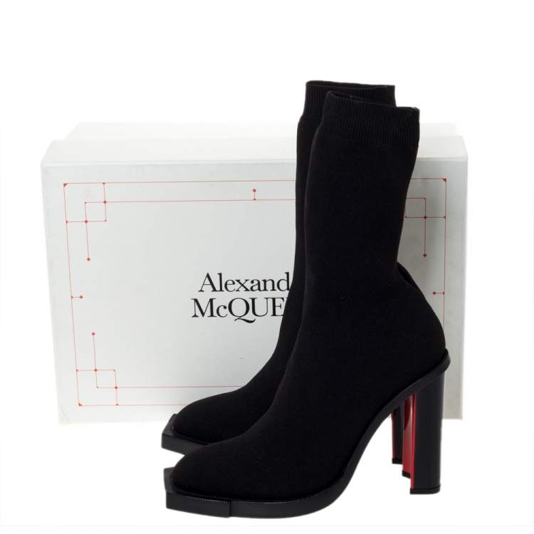 Pre Owned Alexander McQueen Black Stretch Knit New Hybrid Ankle Booties Size 38 
