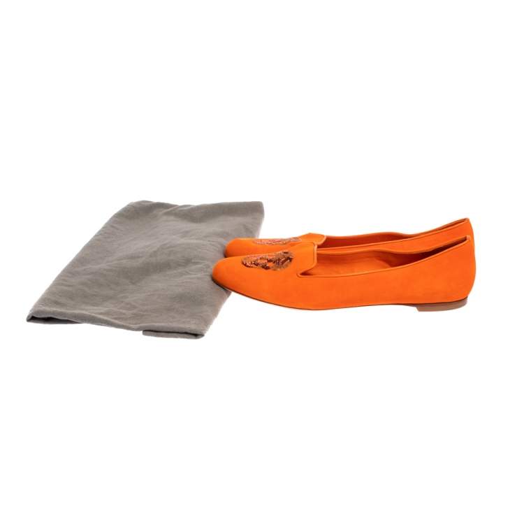 Pre Owned Alexander McQueen Orange Suede Leather Sequin Embellished Smoking Slippers Size 39.5 