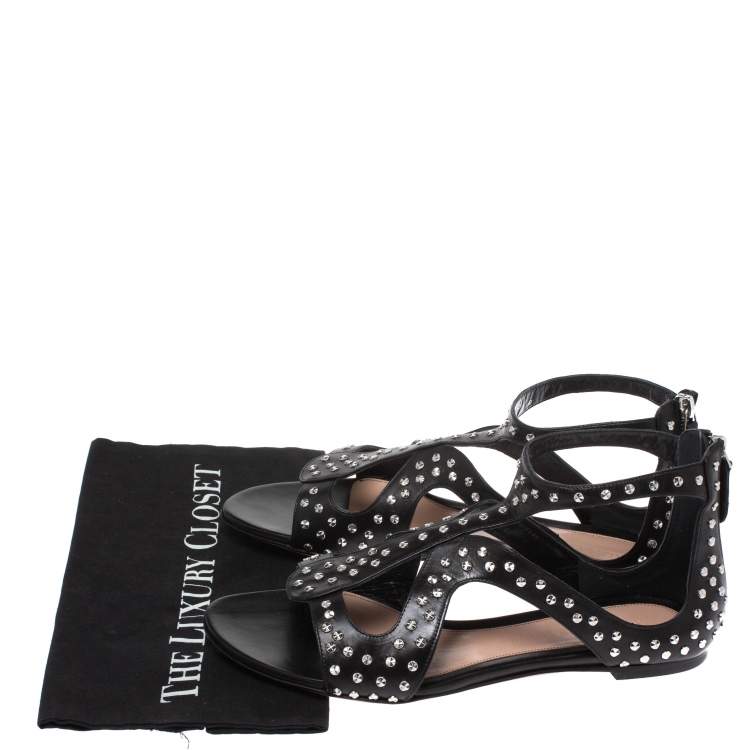 Pre Owned Alexander McQueen Black Micro Studded Leather Cage Flat Sandals Size 41