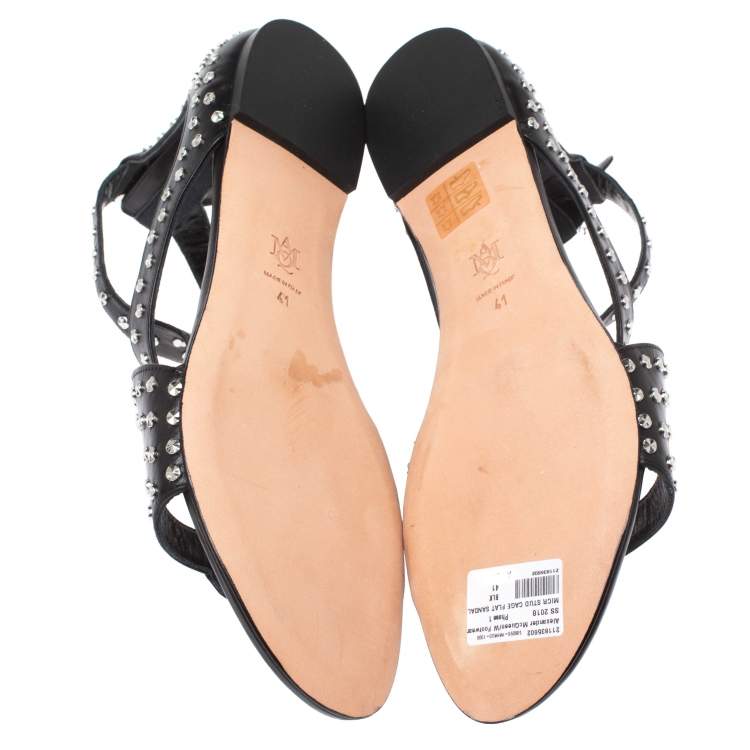 Pre Owned Alexander McQueen Black Micro Studded Leather Cage Flat Sandals Size 41