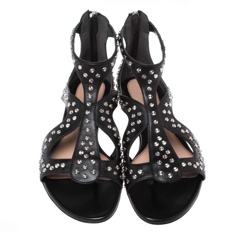 Pre Owned Alexander McQueen Black Micro Studded Leather Cage Flat Sandals Size 41