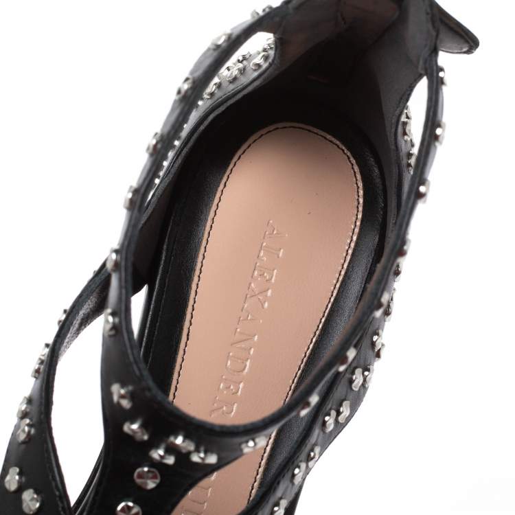Pre Owned Alexander McQueen Black Micro Studded Leather Cage Flat Sandals Size 41