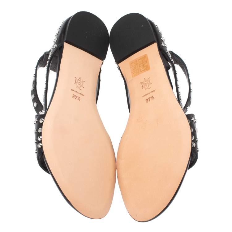 Pre Owned Alexander McQueen Black Micro Studded Leather Cage Flat Sandals Size 37.5