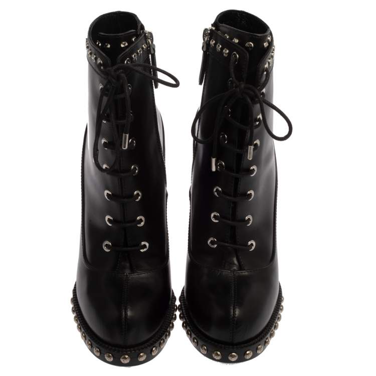 Pre Owned Alexander McQueen Black Leather Studded Platform Block Heel Ankle Boots Size 38