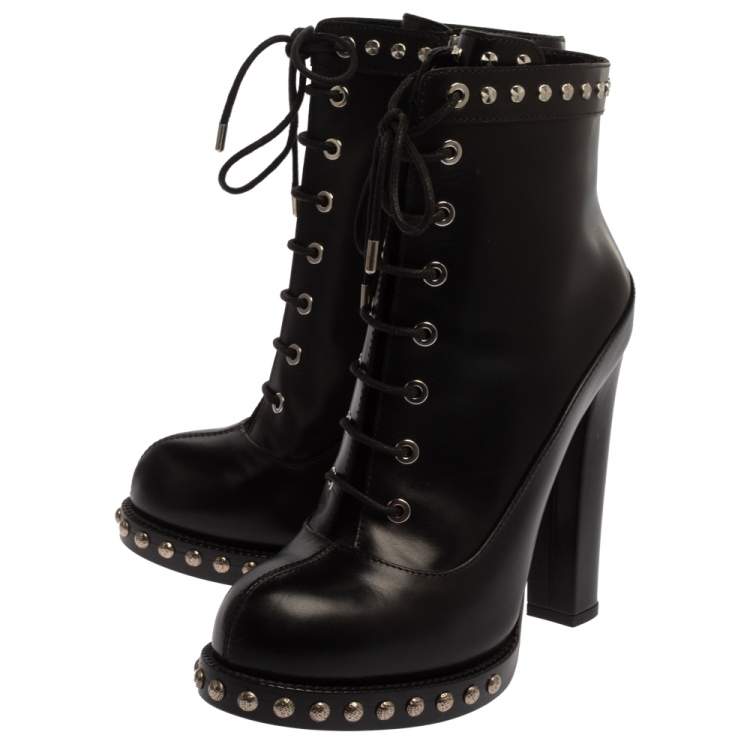 Pre Owned Alexander McQueen Black Leather Studded Platform Block Heel Ankle Boots Size 38