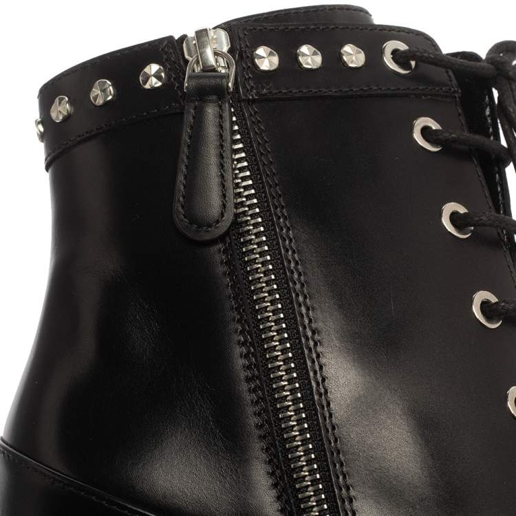 Pre Owned Alexander McQueen Black Leather Studded Platform Block Heel Ankle Boots Size 38