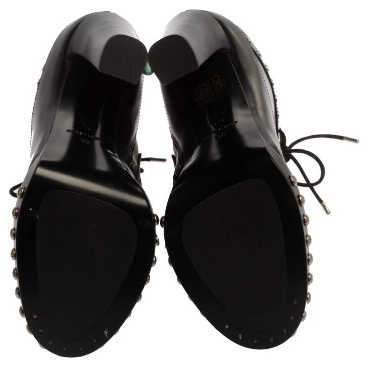 Pre Owned Alexander McQueen Black Leather Studded Platform Block Heel Ankle Boots Size 38