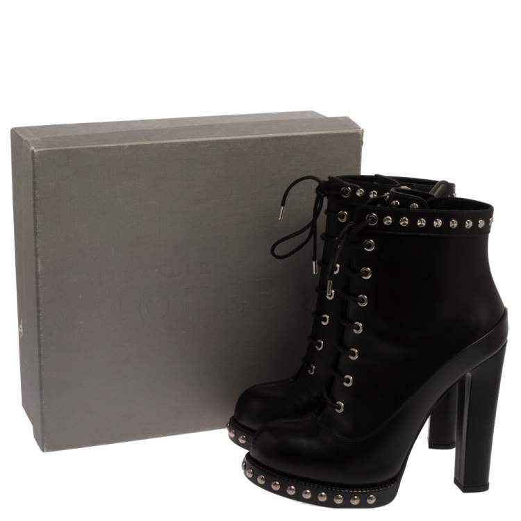 Pre Owned Alexander McQueen Black Leather Studded Platform Block Heel Ankle Boots Size 38