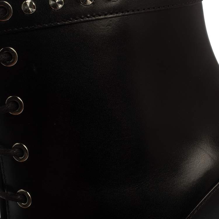 Pre Owned Alexander McQueen Black Leather Studded Platform Block Heel Ankle Boots Size 38